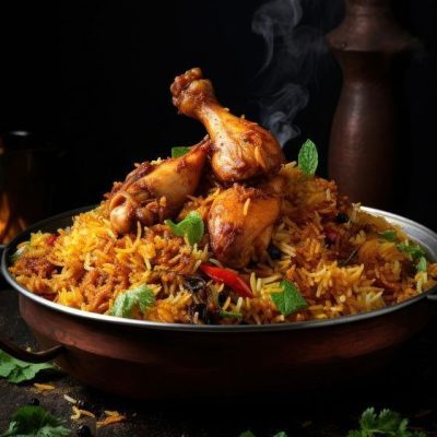 Indian chicken biryani food plate meat.